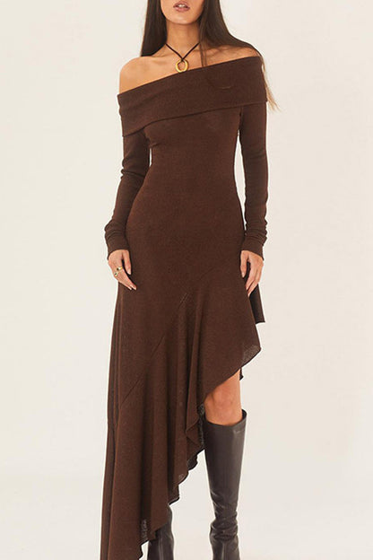 Sexy Solid Flounce Off the Shoulder Irregular Dress Dresses