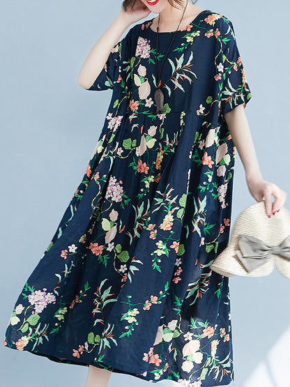 xakxx A-Line Loose Flower Print Round-Neck Midi Dresses