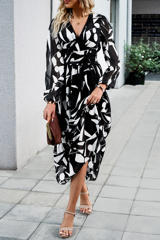 Elegant Geometric Printing V Neck A Line Dresses