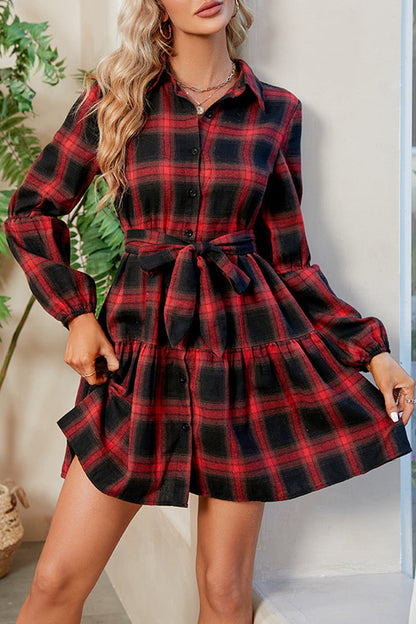 Casual Plaid Contrast Turndown Collar A Line Dresses