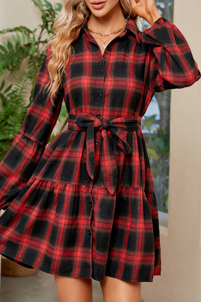 Casual Plaid Contrast Turndown Collar A Line Dresses