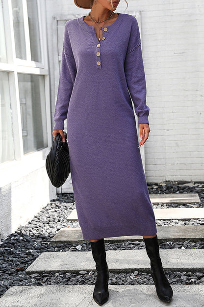 Elegant Solid Buckle O Neck Long Sleeve Dresses