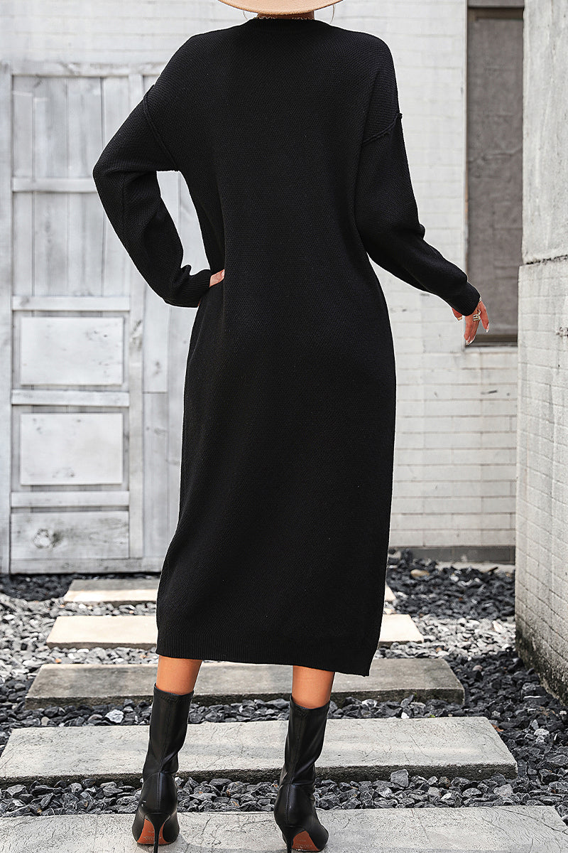 Elegant Solid Buckle O Neck Long Sleeve Dresses