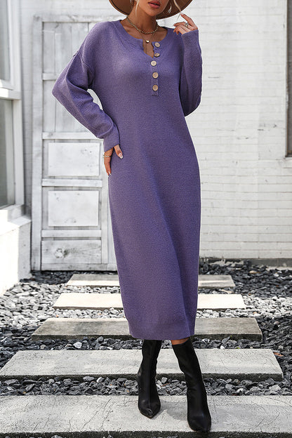 Elegant Solid Buckle O Neck Long Sleeve Dresses