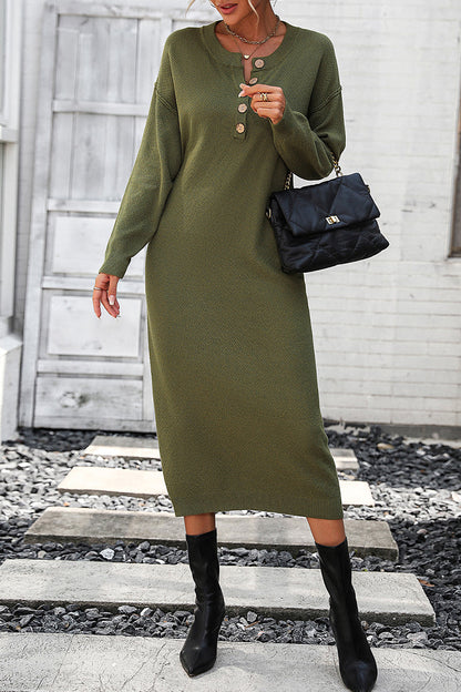 Elegant Solid Buckle O Neck Long Sleeve Dresses