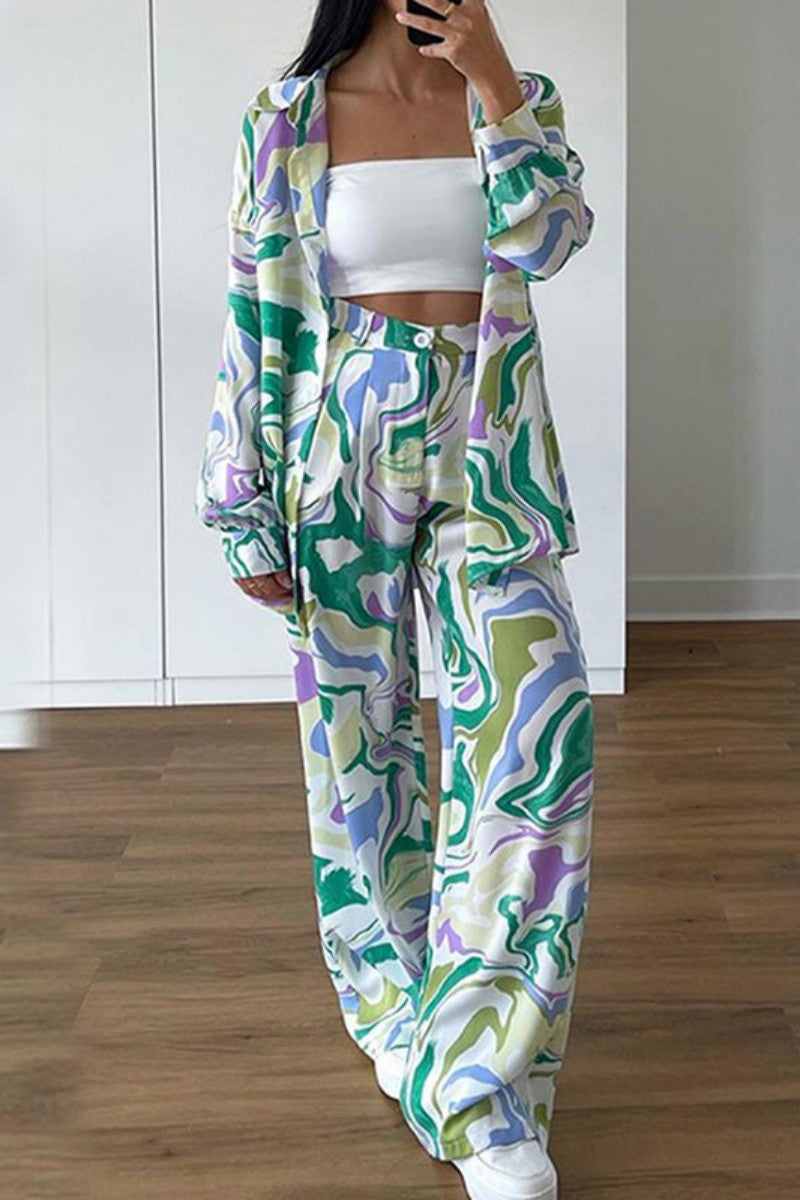 xakxx xakxx-Casual Print Cardigan Pants Turndown Collar Long Sleeve Two Pieces