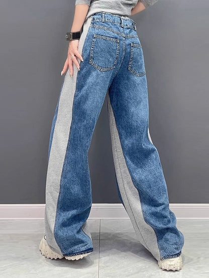 xakxx Loose Straight Leg Buttoned Contrast Color Drawstring Elasticity Split-Joint Pants Trousers