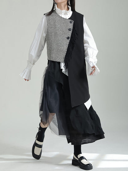 xakxx Ruffle Sleeves Sleeveless Asymmetric Buttoned Houndstooth Vest Outerwear