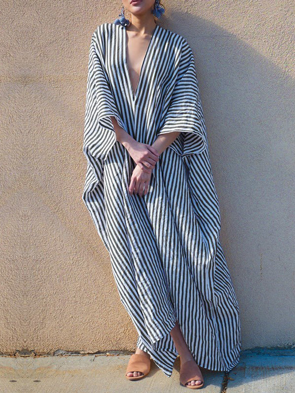 xakxx Batwing Sleeves Loose Striped V-Back Deep V-Neck Maxi Dresses