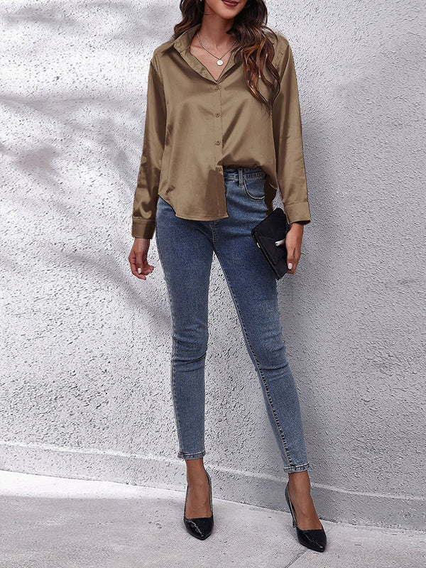 xakxx Long Sleeves Loose Solid Color Lapel Blouses&Shirts Tops