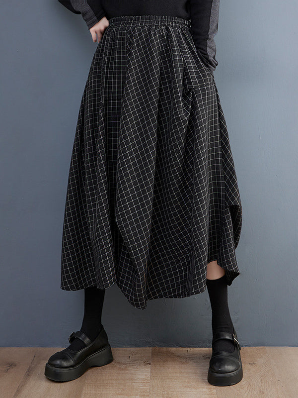 xakxx Loose Irregular Clipping Plaid Asymmetric Elasticity Skirts Bottoms