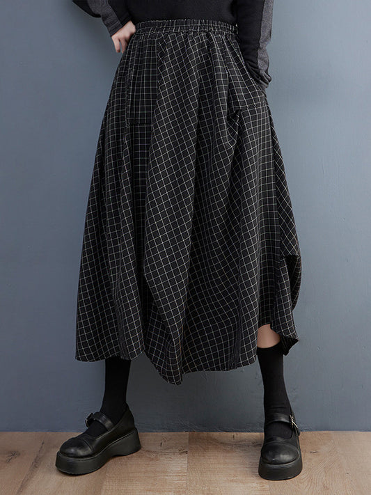 xakxx Loose Irregular Clipping Plaid Asymmetric Elasticity Skirts Bottoms