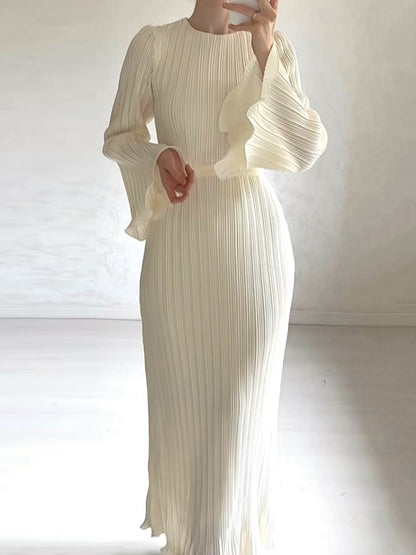 xakxx Flared Sleeves Long Sleeves Pleated Ruffled Solid Color Round-Neck Maxi Dresses