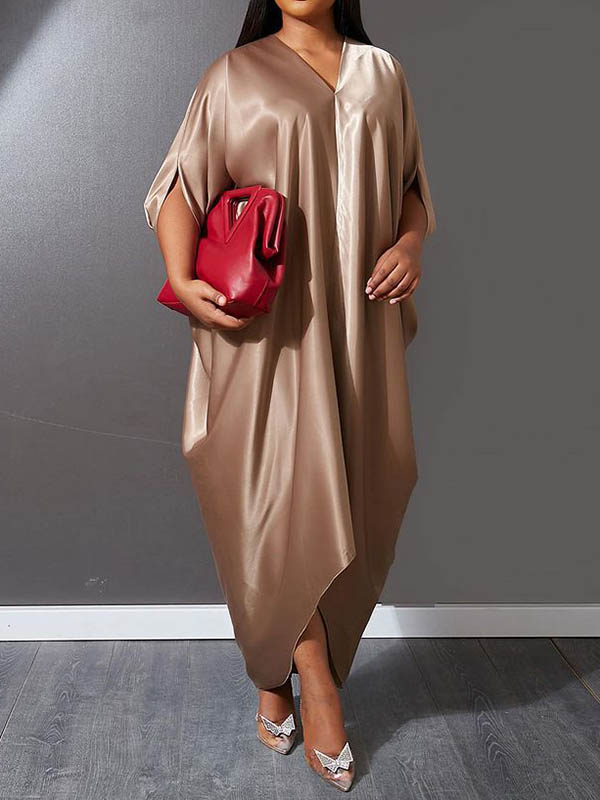 xakxx Batwing Sleeves High-Low Solid Color Deep V-Neck Maxi Dresses