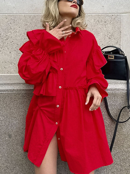 xakxx High-Low Long Sleeves Asymmetric Buttoned Elasticity Layered Ruffled Solid Color Lapel Mini Dresses