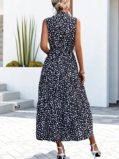 xakxx Casual Loose Sleeveless Tied Contrast Color Polka-Dot Stand Collar Maxi Dresses