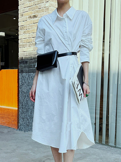 xakxx Long Sleeves Loose Asymmetric Solid Color Lapel Shirt Dress