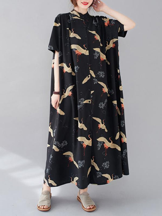 xakxx National Style Printed Stand Collar Shirt Dress