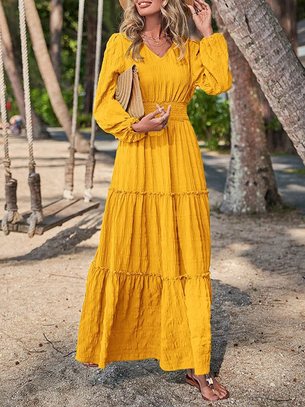 xakxx A-Line Long Sleeves Elasticity Solid Color Split-Joint V-Neck Maxi Dresses