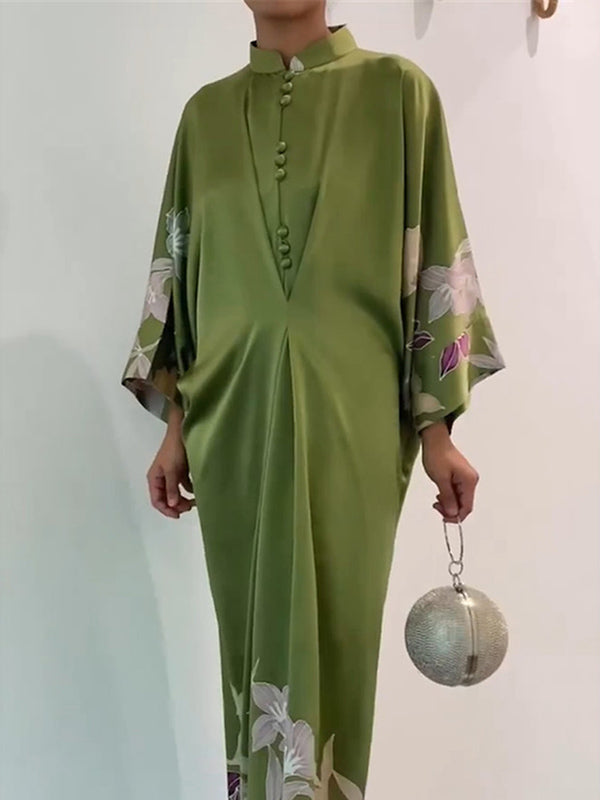 xakxx Batwing Sleeves Loose Floral Printed Muslim Pleated Stand Collar Maxi Dresses