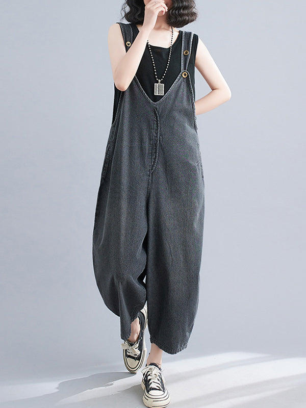 xakxx Cropped Loose Denim Buttoned Overalls