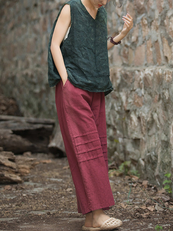 xakxx High Waisted Loose Pleated Solid Color Split-Joint Ninth Pants Trousers