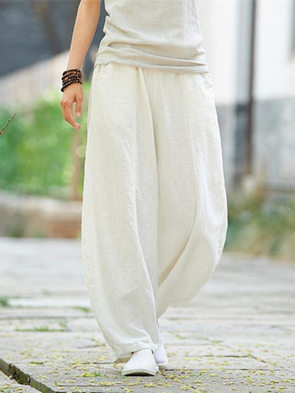 xakxx Beige&White Ramie Cotton Casual Linen Bloomers Pants