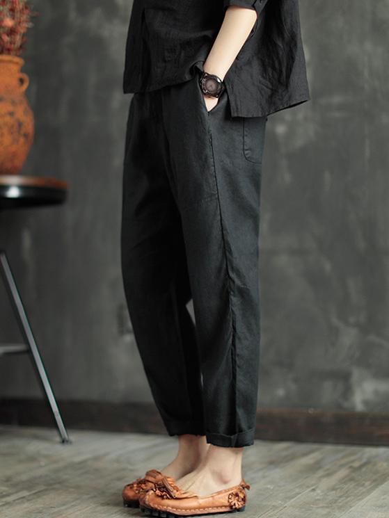 xakxx Loose Elastic Waist Ramie Cotton Pants