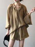 xakxx Loose Solid Color Split-Joint Sun Protection Tied V-Neck Long Sleeves Top + Shorts Two Pieces Set