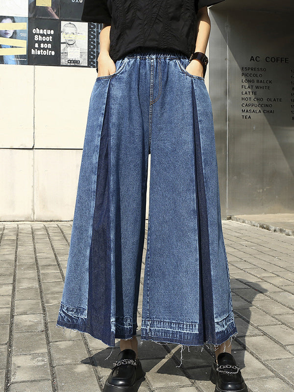 xakxx Loose Wide Leg Elasticity Fringed Pleated Jean Pants Bottoms