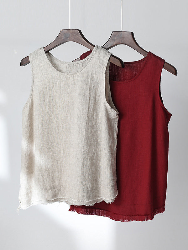 xakxx Loose Sleeveless Fringed Solid Color Round-Neck Vest Top