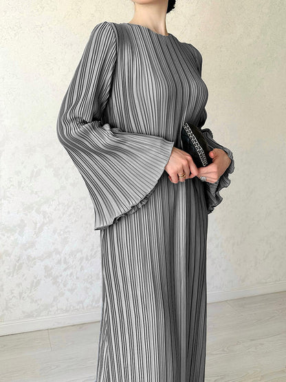 xakxx Flared Sleeves Long Sleeves Pleated Ruffled Solid Color Round-Neck Maxi Dresses