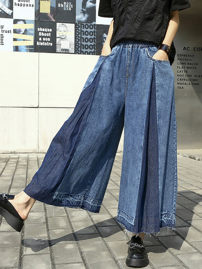 xakxx Loose Wide Leg Elasticity Fringed Pleated Jean Pants Bottoms