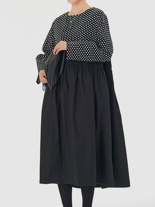 xakxx Long Sleeves Loose Contrast Color Elasticity Pleated Polka-Dot Split-Joint Round-Neck Midi Dresses