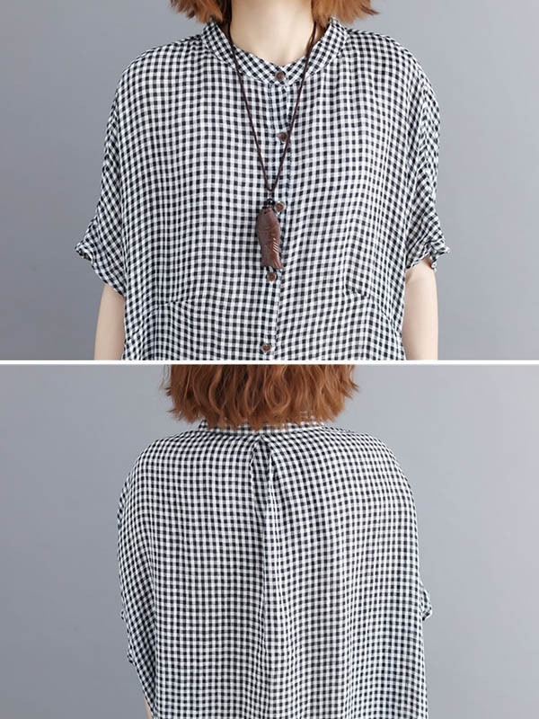 xakxx Artistic Retro Loose Split-Joint Plaid Buttoned Stand Collar Half Sleeves Midi Dress