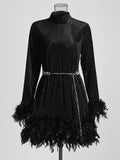 xakxx A-Line Long Sleeves Chains Feathers Solid Color Velvet Stand Collar Mini Dresses