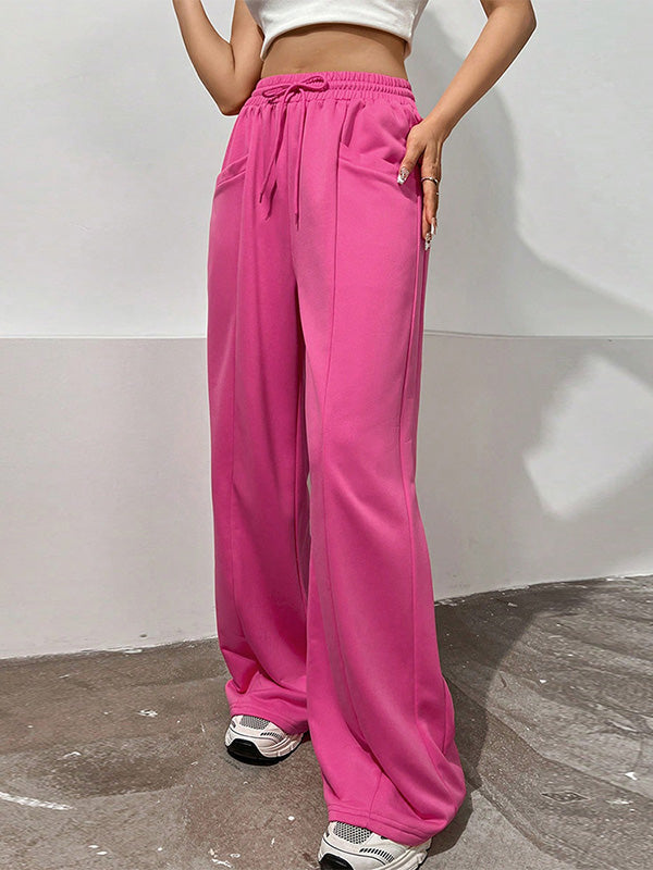 xakxx High Waisted Loose Drawstring Elasticity Solid Color Pants Trousers