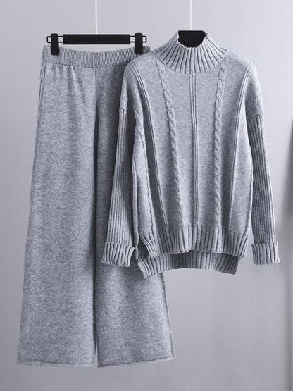 xakxx Loose Long Sleeves Split-Side Solid High-Low Half Turtleneck Sweater Tops & Wide Leg Pants Two Pieces Set