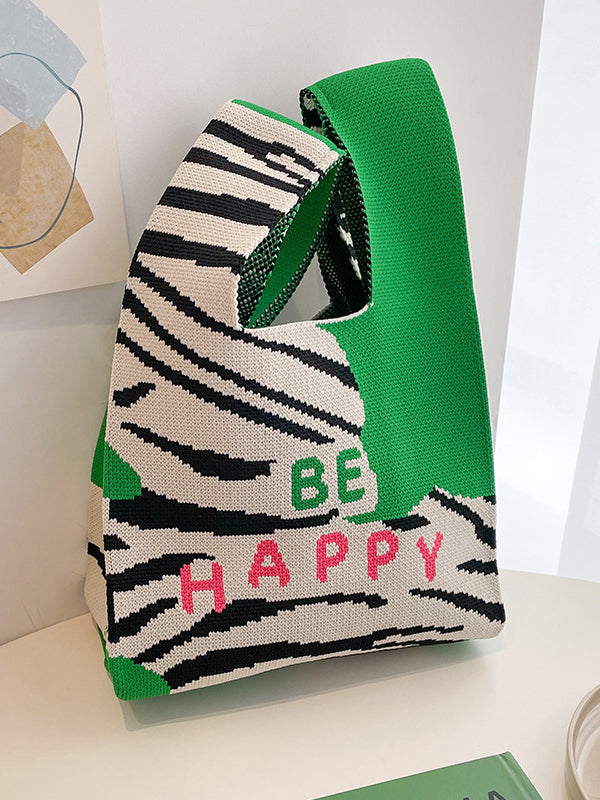 xakxx Letter Print Zebra-Stripe Bags Woven Handbag