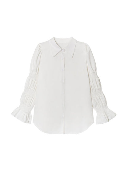 xakxx Puff Sleeves Pleated Solid Color Split-Joint Lapel Blouses