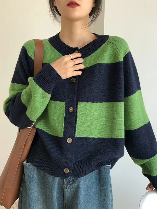 xakxx Casual Buttoned Contrast Color Striped Cardigan Tops