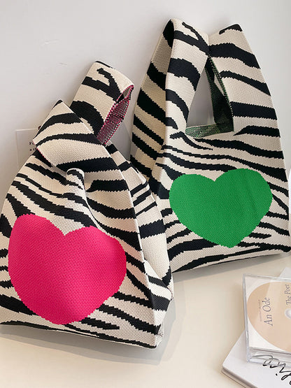 xakxx Heart Print Zebra-Stripe Bags Woven Handbag