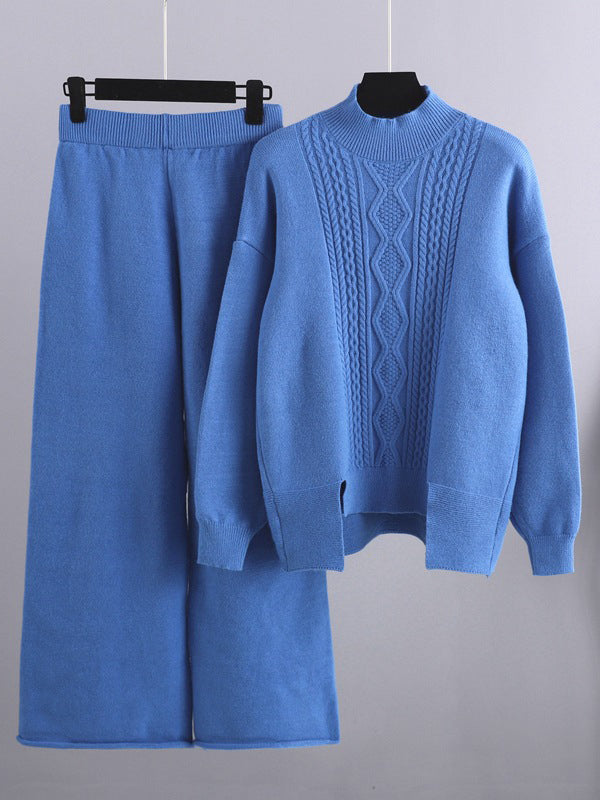 xakxx Urban Loose Split-Side Half Turtleneck Sweater Tops& Wide Leg Pants Two Pieces Set