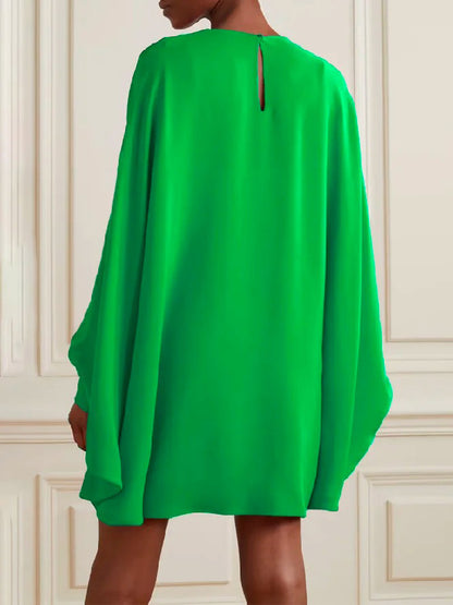 xakxx Simple Long Batwing Sleeves Solid Color Round-Neck Mini Dresses