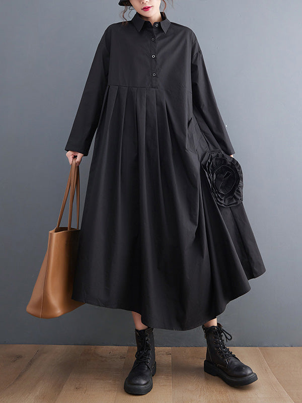 xakxx Urban Floral Applique Pleated Long Sleeves Shirt Dress Midi Dress