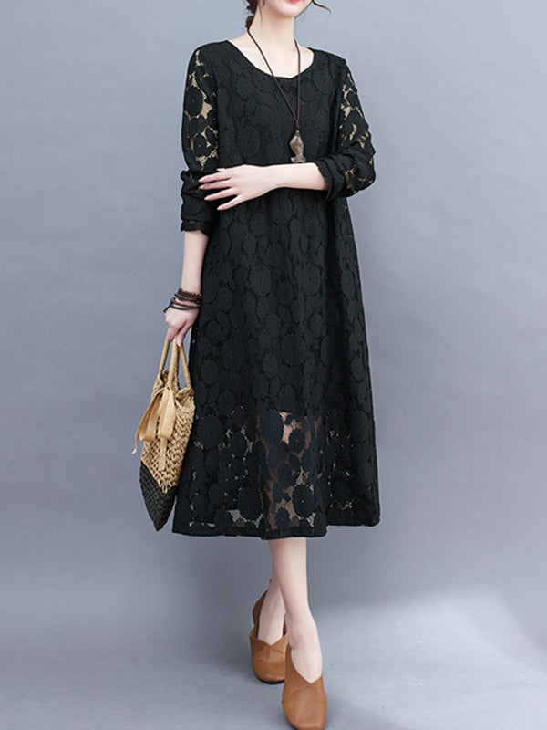 xakxx A-Line Long Sleeves Hollow Round-Neck Midi Dresses