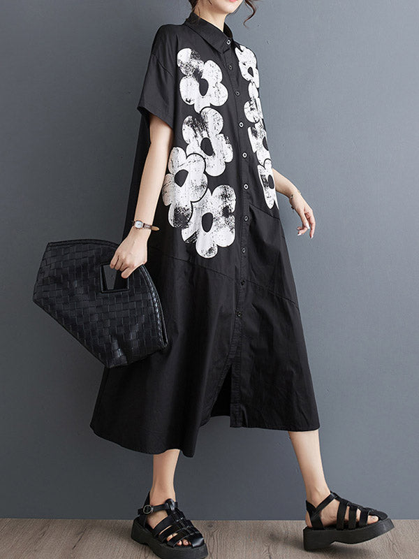 xakxx A-Line Loose Asymmetric Buttoned Flower Print Lapel Midi Dresses Shirt Dress