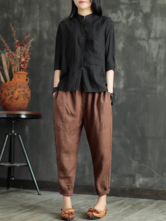 xakxx Loose Elastic Waist Ramie Cotton Pants