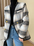 xakxx Long Sleeves Buttoned Contrast Color Plaid V-Neck Jackets Outerwear