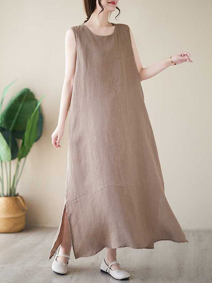 xakxx A-Line Loose Solid Color Round-Neck Midi Dresses